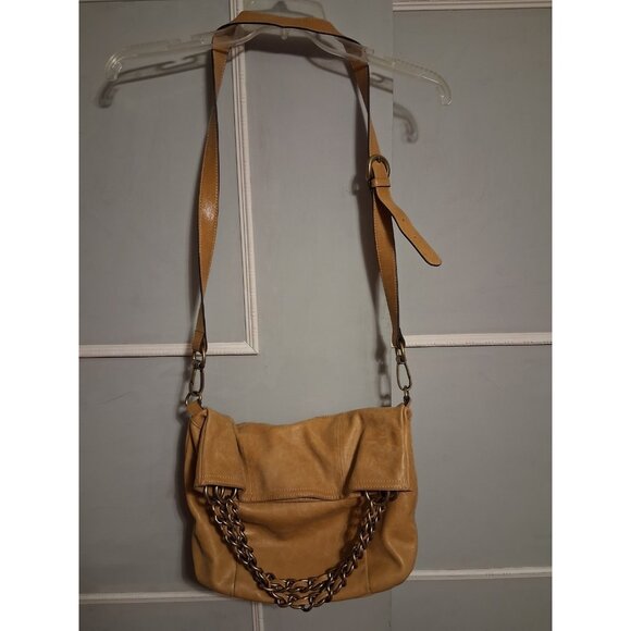 B. Makowsky Mustard Yellow Leather w/Chain Handles & Shoulder Strap Purse - Picture 1 of 14